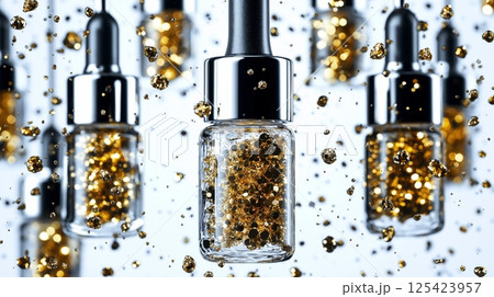 Shimmering gold particles in suspended glass bottles 125423957