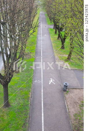 Bicycle and pedestrian asphalt paths in the city park, marked with special signs. Spring, greenery. Vertical photo 125423978