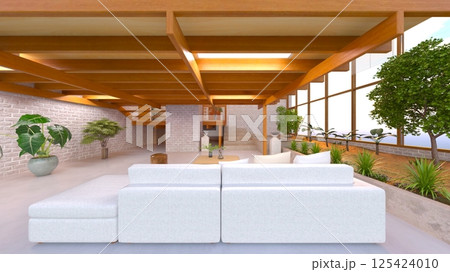 大きな窓があるリビングルーム 125424010