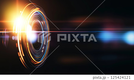 Futuristic glowing camera lens with light flares in dark background Futuristic glowing camera lens with light flares in dark background 125424121