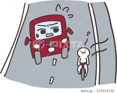 車道にはみ出す自転車とそれに困る自動車のイラスト 125424230