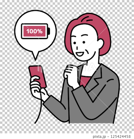 A middle-aged woman in a suit charging her smartphone 125424458