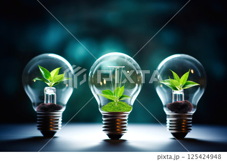 Three energy bulbs light with plants inside. Green energy concept 125424948