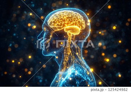 Man experiencing chronic head pain and stress, with visible tension in his facial expression. A focus on the anatomy of the brain, symbolizing the mental health 125424982