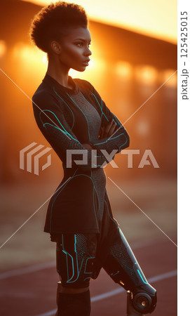 determined athlete woman in futuristic sportswear stands confidently at sunset 125425015