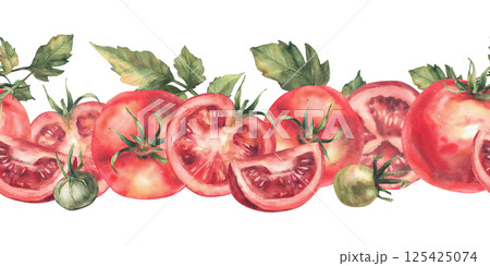 Red tomatoes with leaves watercolor seamless border. Realistic painted vegetables illustration. Whole and sliced red and green fruit with stalk. Isolated from background food botanical harvest pattern 125425074