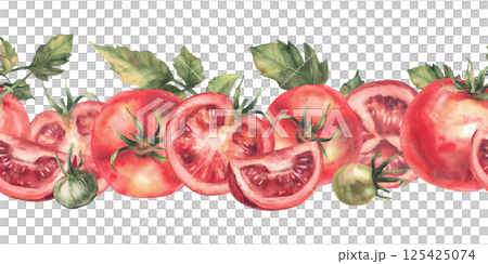 Red tomatoes with leaves watercolor seamless border. Realistic painted vegetables illustration. Whole and sliced red and green fruit with stalk. Isolated from background food botanical harvest pattern 125425074