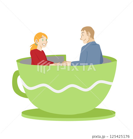 コーヒーカップに乗る白人カップル コーヒーカップに乗る白人カップル 125425176