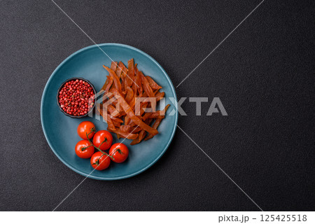 Jerky, dried turkey meat with salt and spices Jerky, dried turkey meat with salt and spices 125425518