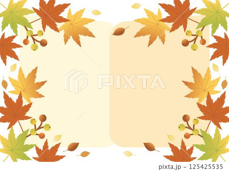 秋　広告　フレーム　枠　紅葉　もみじ　本　水彩　背景　イラスト素材 125425535