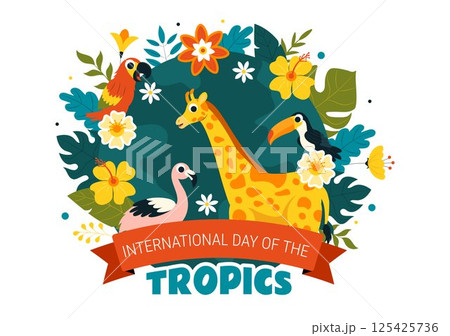 International Day of the Tropics Vector Illustration on June 29 Featuring Animals, Grass, and Flowering Plants to Preserve Tropical Nature 125425736