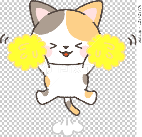 ポンポンで応援する三毛猫 125425776