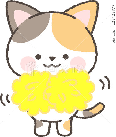 ポンポンで応援する三毛猫 125425777