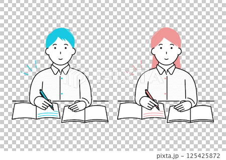 資格所得やスキルアップなどのために勉強をする若い男性と女性のイラスト 資格所得やスキルアップなどのために勉強をする若い男性と女性のイラスト 125425872