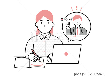 オンラインで資格所得やスキルアップなどのために勉強をする若い女性のイラスト 125425879