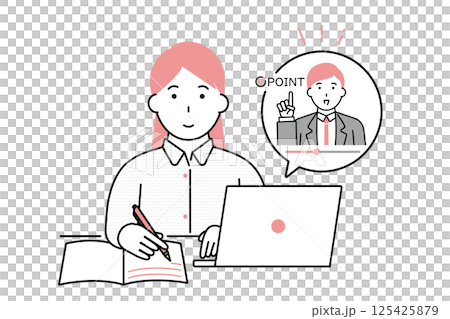 オンラインで資格所得やスキルアップなどのために勉強をする若い女性のイラスト 125425879