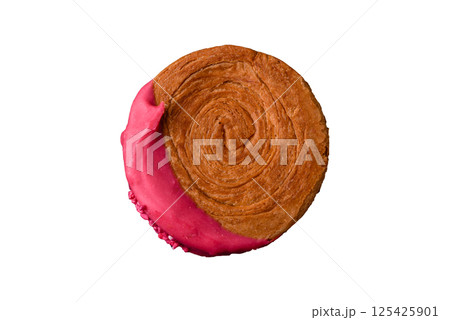 Round sweet New York roll croissant with raspberry cream filling Round sweet New York roll croissant with raspberry cream filling 125425901