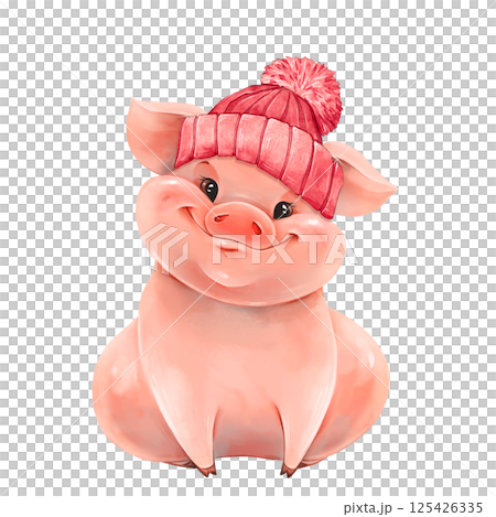 Adorable cartoon pig wearing a cozy pink winter hat with a pom pom, ideal for children's books and winter-themed designs 125426335
