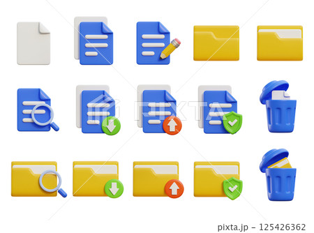 3D Cartoon Documents and Folders Icon Set 125426362