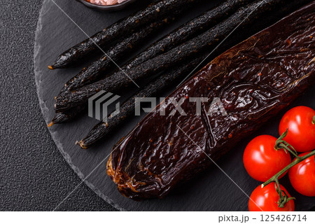 Horse meat sausage with salt, spices and herbs 125426714