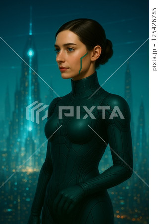 セントラルAIタワーを背に立つ女性型ヒューマノイド 125426785