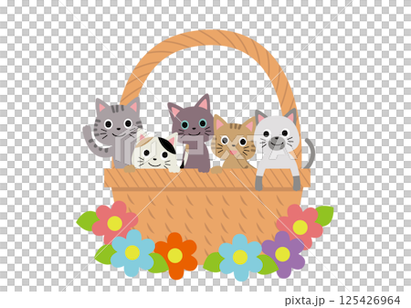 裝滿可愛貓咪和鮮花的籃子 125426964