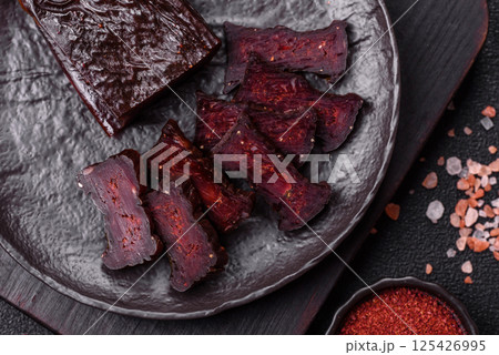Horse meat sausage with salt, spices and herbs Horse meat sausage with salt, spices and herbs 125426995