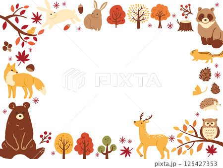 秋のかわいい動物のイラストのフレーム 125427353