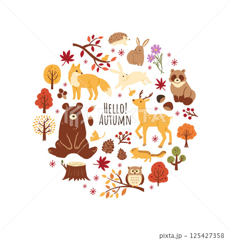 秋のかわいい動物のイラストのセット 125427358