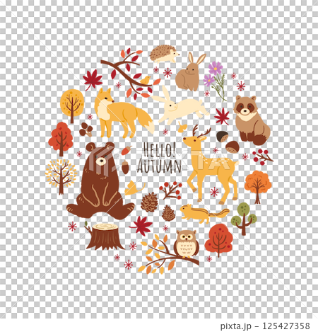 秋のかわいい動物のイラストのセット 125427358