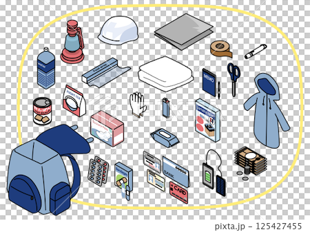 Isometric set of emergency evacuation bag and disaster prevention goods 125427455