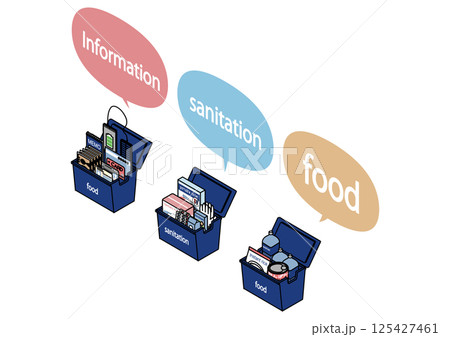 備蓄ボックス3種（情報・衛生・食品）アイソメイラスト 125427461