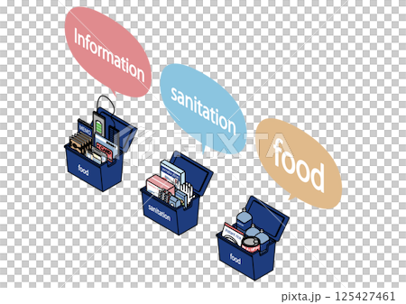 備蓄ボックス3種（情報・衛生・食品）アイソメイラスト 125427461