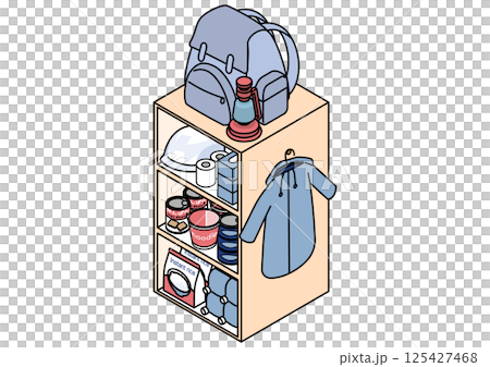 Disaster prevention supplies storage shelf isometric illustration 125427468