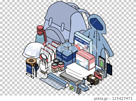 Disaster prevention supplies full set isometric illustration Disaster prevention supplies full set isometric illustration 125427471