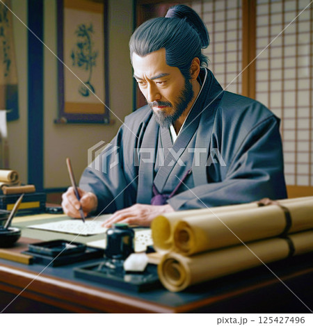 手紙を書く侍 125427496