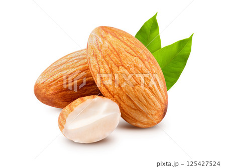 Fresh Almonds with leaves isolated on white background Fresh Almonds with leaves isolated on white background 125427524