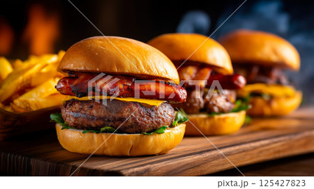 Close-up of three bacon cheeseburgers with melted cheese, grilled bacon, lettuce, and a side of fries 125427823