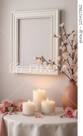 Vibrant white frame with assorted candies and fresh flowers, festive decorative border 125427862