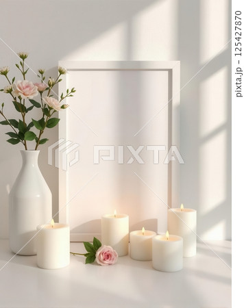 Vibrant white frame with assorted candies and fresh flowers, festive decorative border 125427870