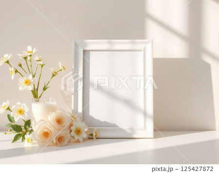 Vibrant white frame with assorted candies and fresh flowers, festive decorative border 125427872