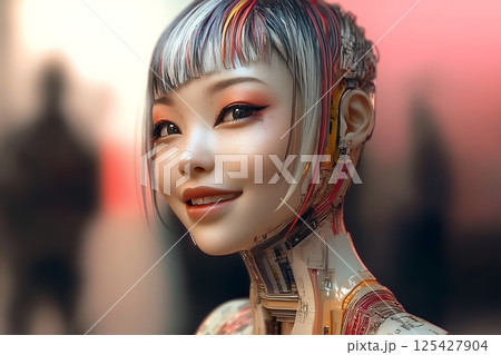 2100年トレンドを意識したアジア人　奇抜なヘアメイクスタイル女性像を生成AIで表現（横写真） 125427904