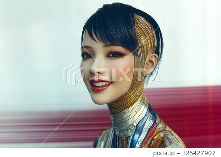 2100年トレンドを意識したアジア人　奇抜なヘアメイクスタイル女性像を生成AIで表現（横写真） 125427907