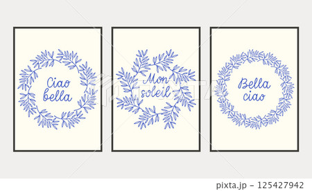 La dolce vita doodles placard or poster set with simple branches. Vector illustration of italian style hand drawn posters. Wall art prints decor. Illustration for invitations, menus design. 125427942