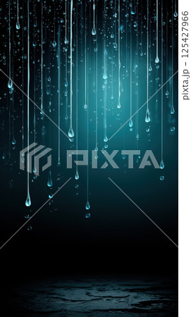 Raindrops falling in motion against dark background, creating serene atmosphere 125427966