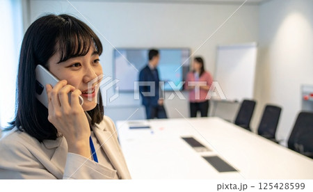 笑顔で電話、仕事に打ち込む女性 125428599
