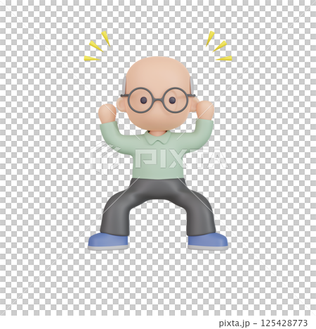 3DCG｜元気いっぱいであることをアピールする日本のおじいちゃん 125428773