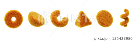 3d fur fluffy geometric shape icon set with yellow orange gradient. Abstract soft plush triangle, cylinder, half sphere, ring, spiral line with hair texture, isolated render elements. 3D illustration 125428980
