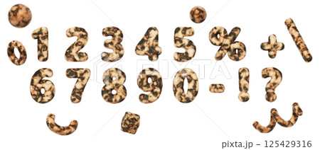 3d leopard print font, fluffy numbers from 0 to 9. Digits, symbols and abstract geometric shapes with wild african cat skin texture, cheetah fur pattern. Isolated render icon set. 3D illustration 125429316