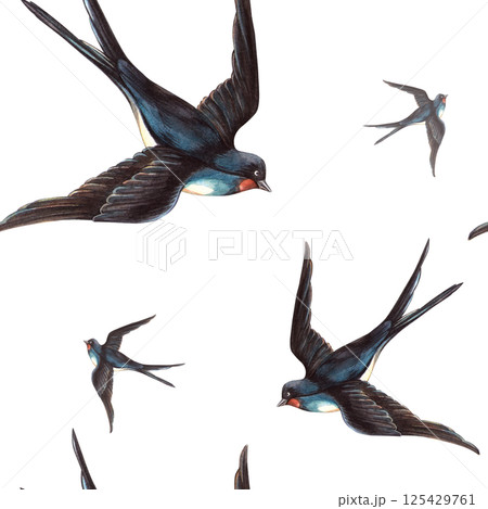 Swallows birds spring seamless pattern in vintage style. Hand drawn watercolor isolated birds template. Perfect for retro wrapping paper, seasonal arrangement, Valentine's day or wedding decoration 125429761